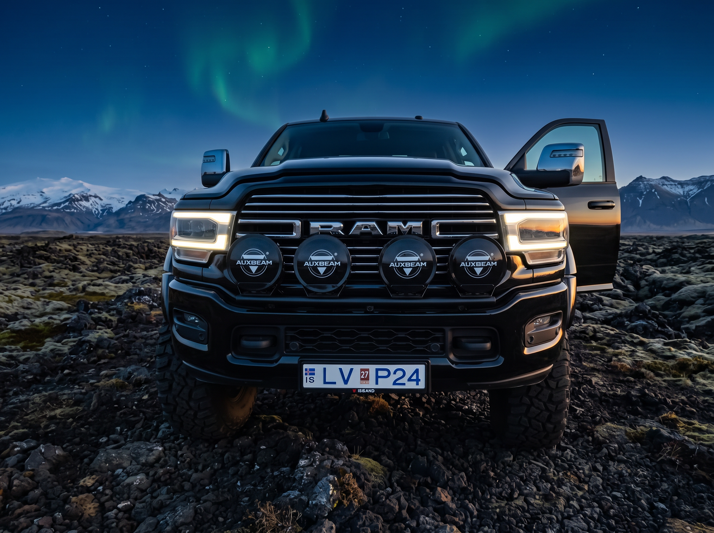 ZIP Adventures lifted black RAM 3500 super-truck under the aurora in Iceland